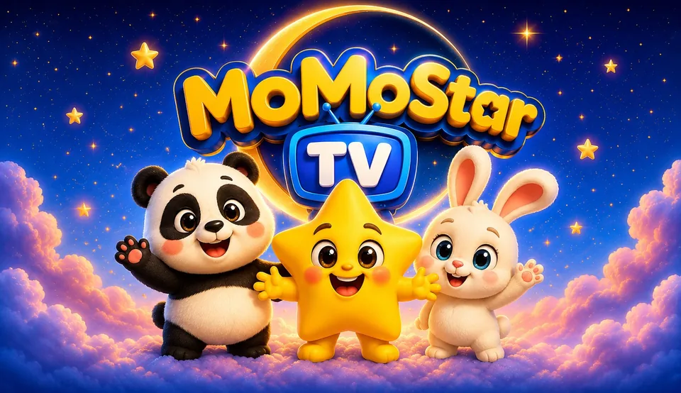 Panda, Momo the Star and Bunny waving under the MoMo Star TV sign in a starry night sky
